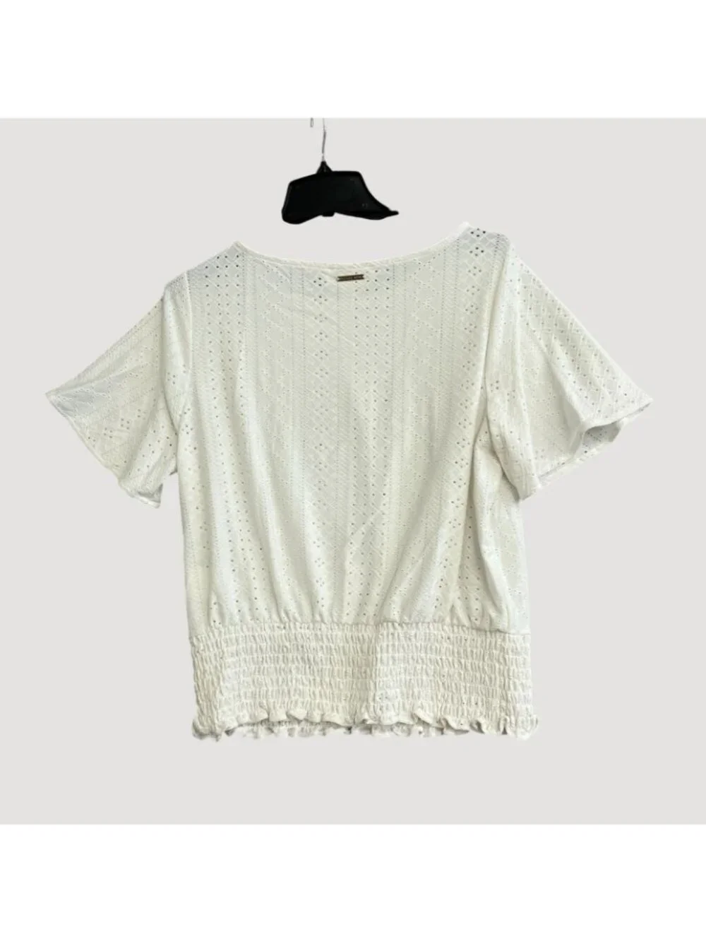 Michael  Kors Women's M White Eyelet Short Sleeve Smocked Hem Top P0432